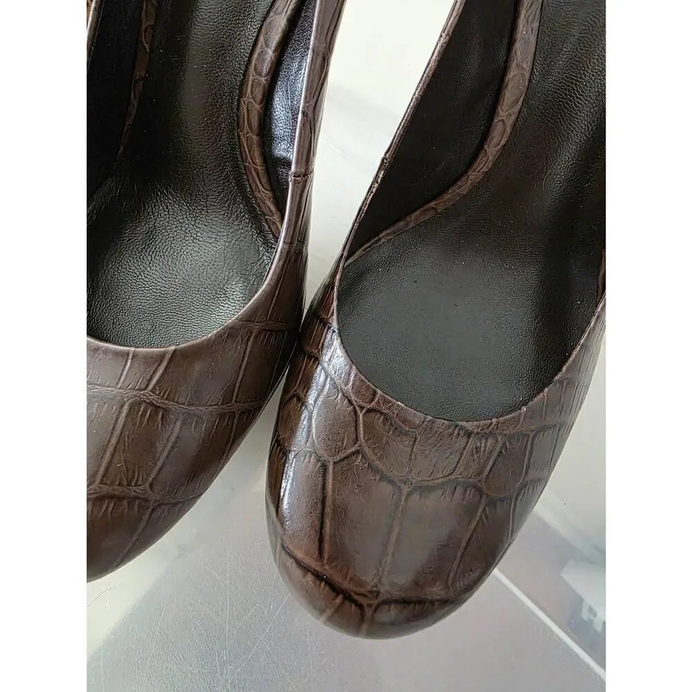 $278 Tory Burch US 10M Brown Croc Embossed Leather Pumps Wood Platform Heel
